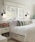 Bedroom with Set Of 2 Modern Matte Black Wall Sconces With White Fabric Shade Easy On Off Switch Hardwired Or Plug-In Cozy Bedside Mood Lighting For Bedroom And Living Room