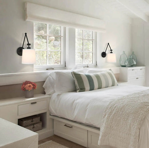 Bedroom with Set Of 2 Modern Matte Black Wall Sconces With White Fabric Shade Easy On Off Switch Hardwired Or Plug-In Cozy Bedside Mood Lighting For Bedroom And Living Room