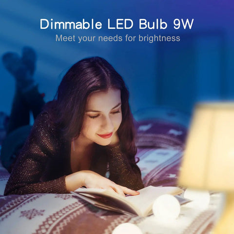 Woman reading by lamp with Alexa And Google Home Compatible Smart LED Bulb With 2.4GHz WiFi, dimmable RGB color changing