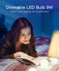Woman reading next to a lamp with Six Pack Smart LED Light Bulbs That Work With Alexa And Google Home, 9W, RGB Color Changing