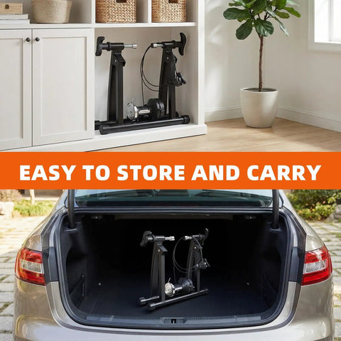 Indoor Bike Trainer Stand With Magnetic Resistance For Home Rides stored in a cabinet and car trunk