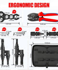 Solar Crimper Tool Kit With Y Connector 24 Piece All In One Solar Wiring Kit For PV MC4 Connectors 10 14 AWG Ratcheting Crimper 10 Pairs UV Resistant MC4 Connectors And 2 Wrenches Easy Install showing tools and dimensions