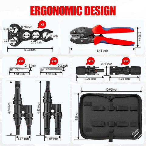 Solar Crimper Tool Kit With Y Connector 24 Piece All In One Solar Wiring Kit For PV MC4 Connectors 10 14 AWG Ratcheting Crimper 10 Pairs UV Resistant MC4 Connectors And 2 Wrenches Easy Install showing tools and dimensions