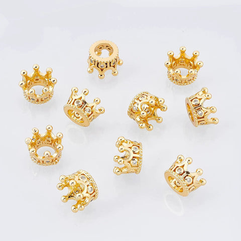 Golden Crown Beads Set 11x7mm Large Hole Crystal Cubic Zirconia Pave King Crown Charms for DIY jewelry making, 10 pcs