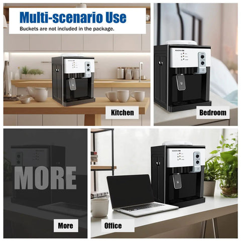 Hot Cold Countertop Water Dispenser With Three Temperature Settings For Instant Hot Ice Cold Or Room Temperature Water Your Go To Drink Station For 1.2 To 5 Gallon Jugs At Home Office Dorm Bedside, shown in kitchen, bedroom, and office settings.