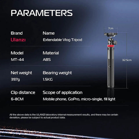 Specifications of Ulanzi MT-44 Get The Ultimate Extendable Phone Tripod That Works As Selfie Stick Vlog Stand Featuring Two In One Phone Clip