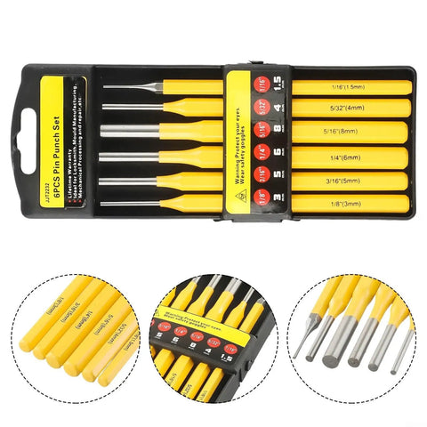 Six Piece Heavy Duty Steel Drive Punch Kit For Woodworkers And Mechanics Featuring Flat Chisel And Center Tips To Nail Drill Points On Metal Projects With Rust Proof Coating And Pro Tough Durability, 6-piece set