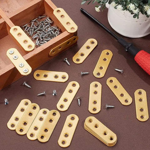 Golden Flat Straight Mending Brackets Kit With 80 Screws 20 Pieces Metal Fixing Plates for table and chair repair.