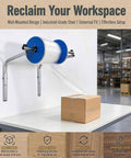 No Sweat Wall Mount Bubble Wrap Roll Dispenser With Flexible Snap Connector And Secure Side Locks For Pro Warehouse Shipping Or Heavy Weekend Moving Day Packing Jobs mounted on wall with bubble wrap unrolling above a cardboard box.