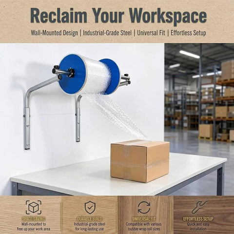 No Sweat Wall Mount Bubble Wrap Roll Dispenser With Flexible Snap Connector And Secure Side Locks For Pro Warehouse Shipping Or Heavy Weekend Moving Day Packing Jobs mounted on wall with bubble wrap unrolling above a cardboard box.