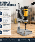 Adjustable Drill Press Stand For Hand Drill Benchtop Workstation With Precision Depth Control Scale Heavy Duty Metal Base, features depth scale and clamping.