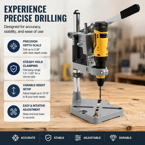 Adjustable Drill Press Stand For Hand Drill Benchtop Workstation With Precision Depth Control Scale Heavy Duty Metal Base, features depth scale and clamping.