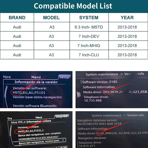 Compatible model list for Wireless CarPlay And Android Auto Retrofit Kit For Audi A3 S3 2013 2018 with software details.