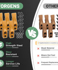Comparison of Vorgens trenching teeth vs others featuring five pack trenching bucket teeth for backhoe and skid steer bolt on five eighth inch lip includes bolts and nuts heavy duty mini excavator attachments seven point five inch long by one point nine inch wide by one point eight inch high.