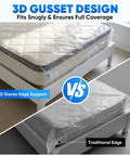 Comparison of Heavy Duty Waterproof Mattress Bag For Moving And Storage with 3D gusset design vs traditional edge on queen bed.