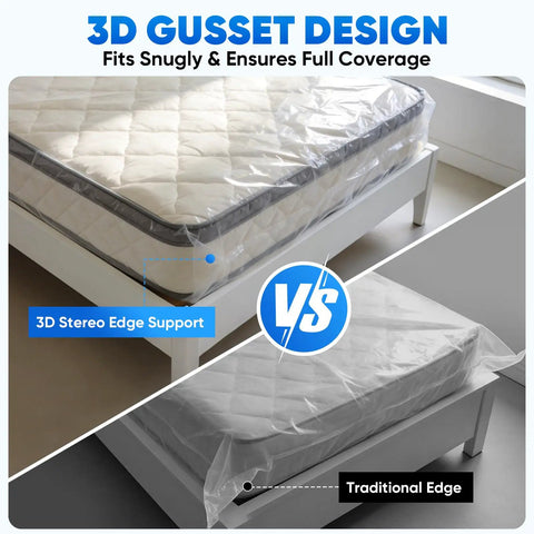 Comparison of Heavy Duty Waterproof Mattress Bag For Moving And Storage with 3D gusset design vs traditional edge on queen bed.