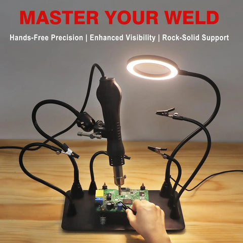 All In One Soldering Station With 5x Magnetic Magnifying Lamp and flexible arms in use for electronics repair on a desk