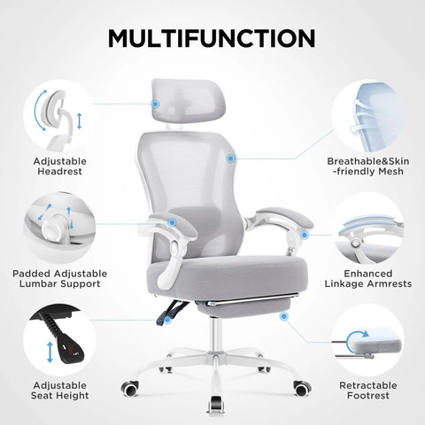 Super Comfy Ergonomic Office Chair With Footrest For All Day Use Ultra Thick Reclining Seat 2D Adjustable Lumbar Support And Headrest High Back Premium Mesh Desk Chair For Home Office Grey, showcasing multifunction features.