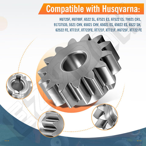 Two Pack 14T Pinion Gear Replacement For Husqvarna And Poulan Lawn Tractors 532403849, metal gear close-up, various angles