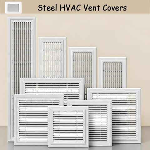 Gray Vertical AC Return Grille Twenty By Thirty Inch Louvered Vent Cover With Removable Door For Smooth Airflow And Totally Stress Free Hvac Install Or Cold Air Intake Setup, various sizes of steel HVAC vent covers arranged.