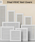 Heavy Duty Twenty By Twenty Six Inch Gray Return Air Filter Grille Featuring Slick Hinged Door Plug And Play Setup Pro Grade Louvered Duct Vent Cover Smooth Drywall Integration Ready - Display of multiple steel HVAC vent covers.