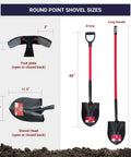 Round point shovel dimensions with fiberglass long handle and 14-gauge steel head for gardening digging and landscaping.