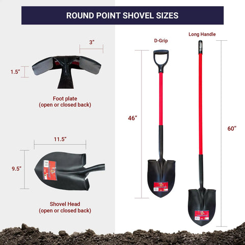 Round point shovel dimensions with fiberglass long handle and 14-gauge steel head for gardening digging and landscaping.