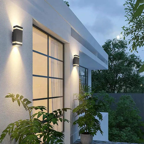 Porch Light With Dusk To Dawn Sensor For Outdoors, Square Up And Down Exterior Wall Sconce, illuminating a modern porch