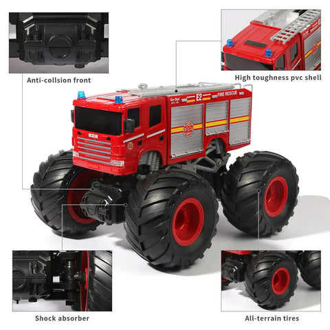 Remote Control Fire Truck Monster Truck Toy 1 By 18 Scale with anti-collision front and all-terrain tires