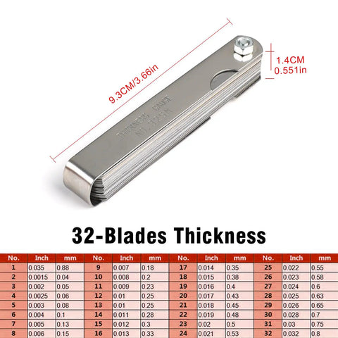 Gap Tool And 32 Blade Steel Feeler Gauge Set For Spark Plugs 10mm 12mm 14mm 16mm Stainless Steel Construction Accurate Gap Adjustments