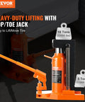 VEVOR hydraulic toe jack, orange, front view; 5-ton toe lift and 10-ton top lift.