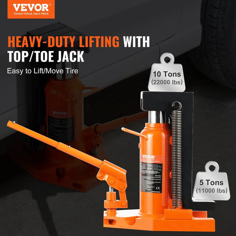 VEVOR hydraulic toe jack, orange, front view; 5-ton toe lift and 10-ton top lift.