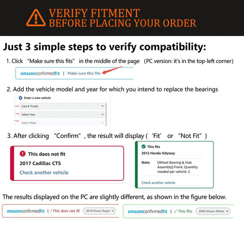 Compatibility check steps for Rear Wheel Bearing Hub Assembly Fits Altima 2007-2018, Maxima 2009-2019, Murano 2015-2019.
