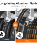 Comparison of retractable garden hose reel with five eighth inch hose, showing long-lasting aluminum guide, gray and orange design.