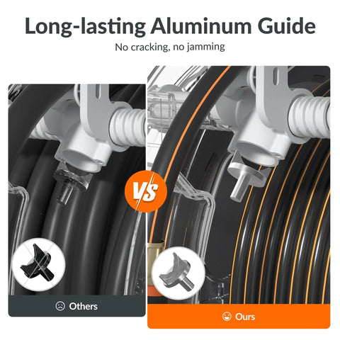 Comparison of retractable garden hose reel with five eighth inch hose, showing long-lasting aluminum guide, gray and orange design.