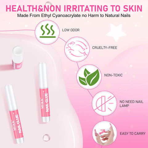 Ultra Fast Nail Glue For Acrylics And Press Ons packaging with product benefits: low odor, cruelty-free, non-toxic, no UV needed.