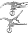 Bulletproof 9 Inch Drill Press Locking Clamp With Killer Jaw Tension For Hella Secure Workpiece Holding On Shop Benches Or Mobile Tool Cart Racks Two Pack, silver steel clamps.