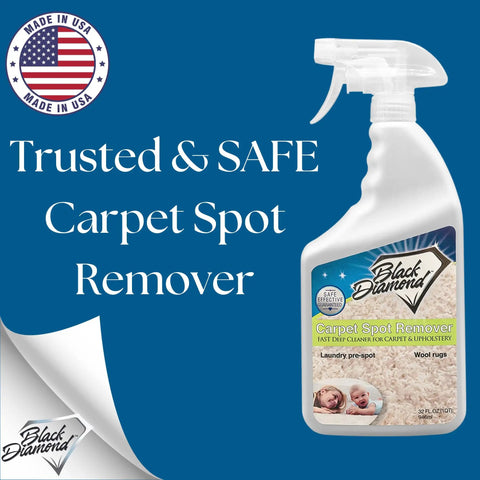 Fast Acting Carpet And Upholstery Stain Remover Spray For Rugs Couches And Car Seats That Quickly Erases Grease Coffee Wine And Pet Stains Non Toxic And Family Safe Leaves No Residue For A Fresh Look bottle against blue background.