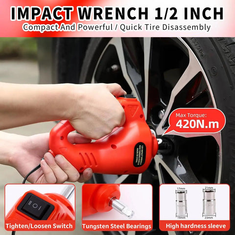 Rogtz 5 Ton Electric Hydraulic Car Jack Kit With Impact Wrench And Tire Inflator Pump, showing impact wrench in use on wheel.