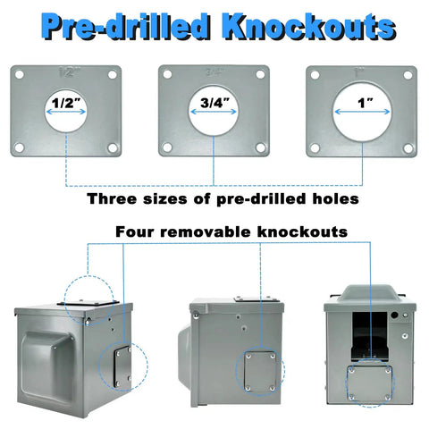 Rugged Heavy Duty 50 Amp 250 Volt Outdoor Weatherproof NEMA 6 50R Outlet Box With Lockable Enclosure pre-drilled knockouts