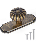 Vintage Brass Cabinet Knobs With Backplates 4 Pack, showcasing floral design handle with screws, ideal for kitchen renovation.