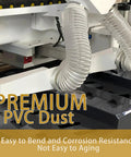 Heavy Duty 4 Inch By 20 Foot Flexible Clear PVC Dust Collection Hose with Carbon Steel Wire Coil attached to machinery.