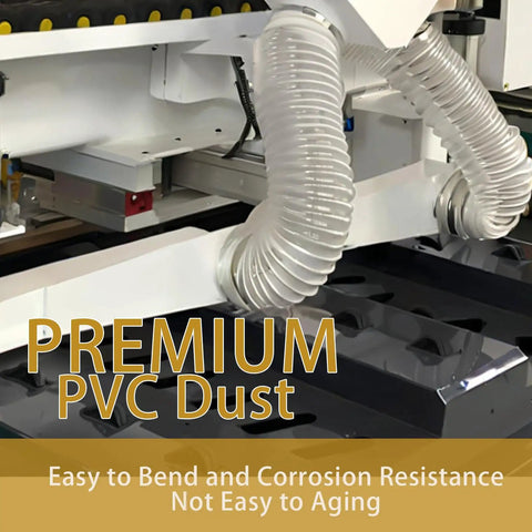 Heavy Duty 4 Inch By 20 Foot Flexible Clear PVC Dust Collection Hose with Carbon Steel Wire Coil attached to machinery.