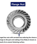 1/4-20 Serrated Flange Hex Lock Nuts 100 Pack 304 Stainless Steel Full Thread Bulletproof Fasteners For Auto Repair And Garage Work Hardened Rock Solid Hardware Kit viewed from top, showing serrated face design.