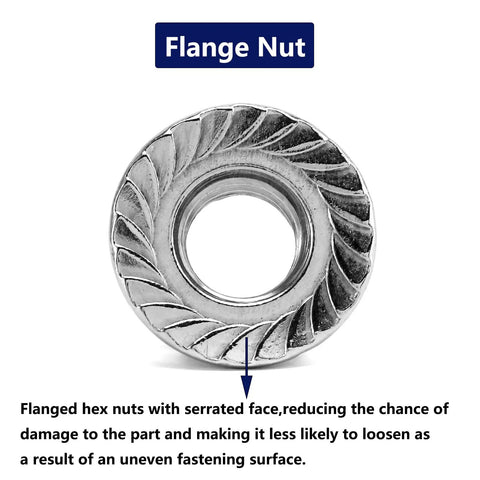 1/4-20 Serrated Flange Hex Lock Nuts 100 Pack 304 Stainless Steel Full Thread Bulletproof Fasteners For Auto Repair And Garage Work Hardened Rock Solid Hardware Kit viewed from top, showing serrated face design.