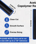 USA Made Tough As Nails Acetal Copolymer Dowel Rod 1.25 Inch Diameter 12 Inch Length Opaque Black with clean cut, smooth surface.