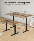 Esupy Dual Motor Electric Standing Desk Frame With Height Adjustable Sit To Stand Up Base dimensions shown on DIY suitable desktop size.