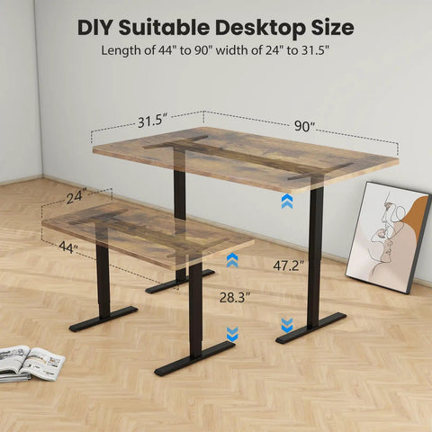 Esupy Dual Motor Electric Standing Desk Frame With Height Adjustable Sit To Stand Up Base dimensions shown on DIY suitable desktop size.
