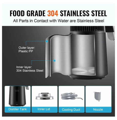 Top Notch Water Distiller With 750 Watt Heater Makes Hella Pure Water For Home Use And CPAP Devices showing food grade 304 stainless steel components.