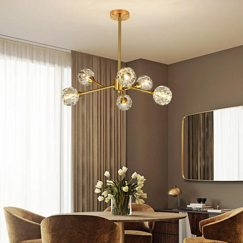 Gold Sputnik Crystal Chandelier, 6 Light Modern Dining Room Fixture Over Table, Glam Brass Finish Lighting